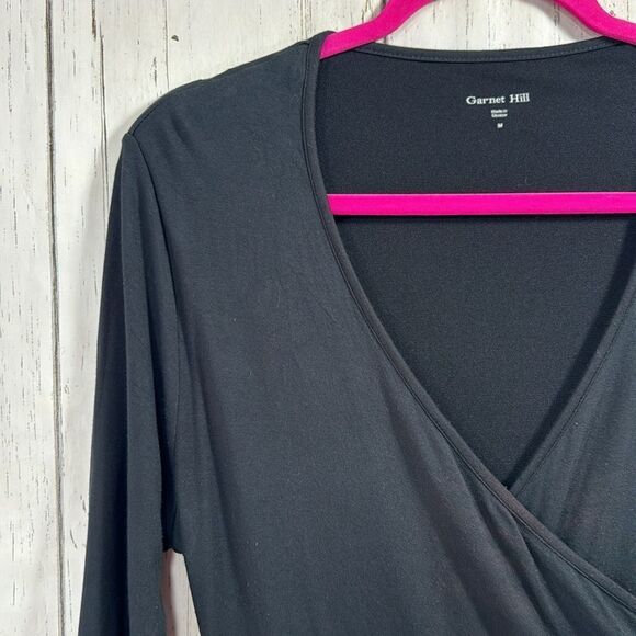 Garnet Hill Black Faux Wrap Dress Quiet Luxury Classic Minimalist 3/4 Sleeve - Picture 3 of 15